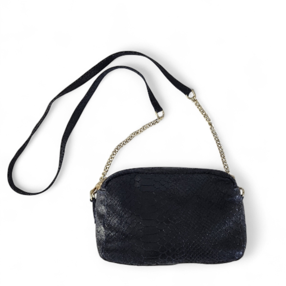 Dark Navy Genuine Leather Crossbody Bag – Python Texture Double-Zip